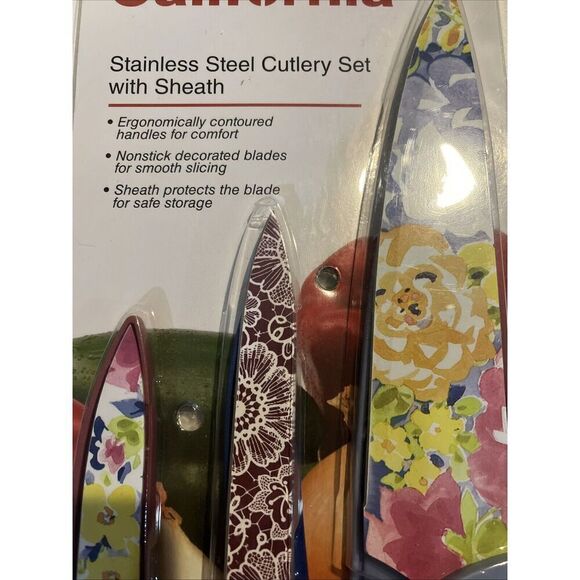 STUDIO CALIFORNIA 3 Piece STAINLESS STEEL DECORATED BLADES CUTLERY SET W/ SHEATH - Picture 2 of 3